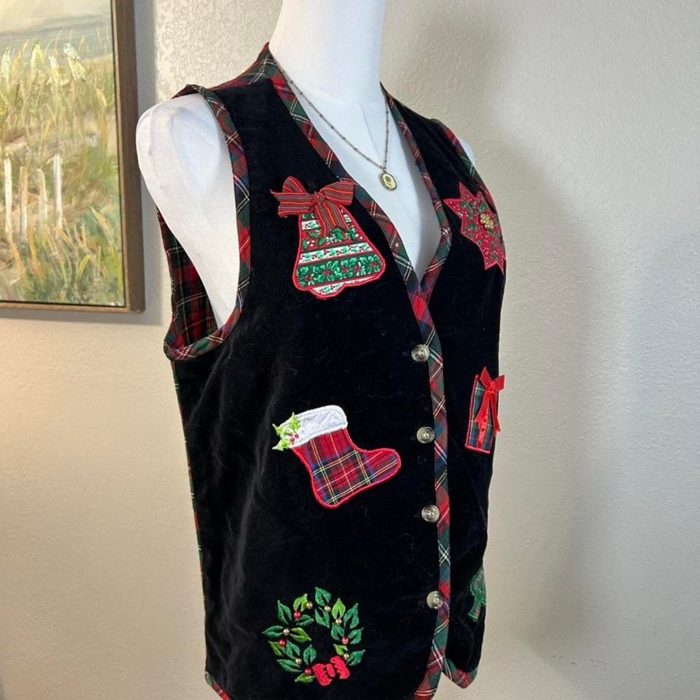 Casey & Max Vintage Christmas Patchwork Vest Plaid Trim Holiday Vest - Size S - Picture 2 of 8